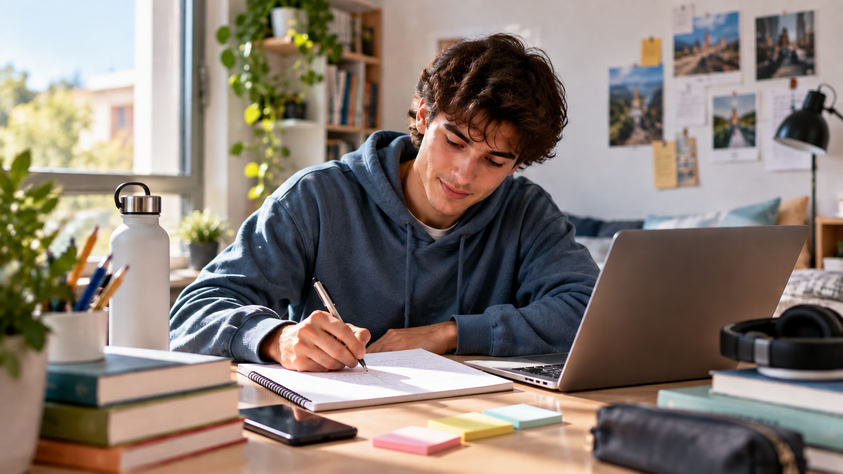 Joven universitario organizando su presupuesto mensual mientras estudia